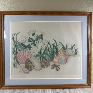 Vintage handmade cross stitch beachy Seashell framed Embroidery Art25x22